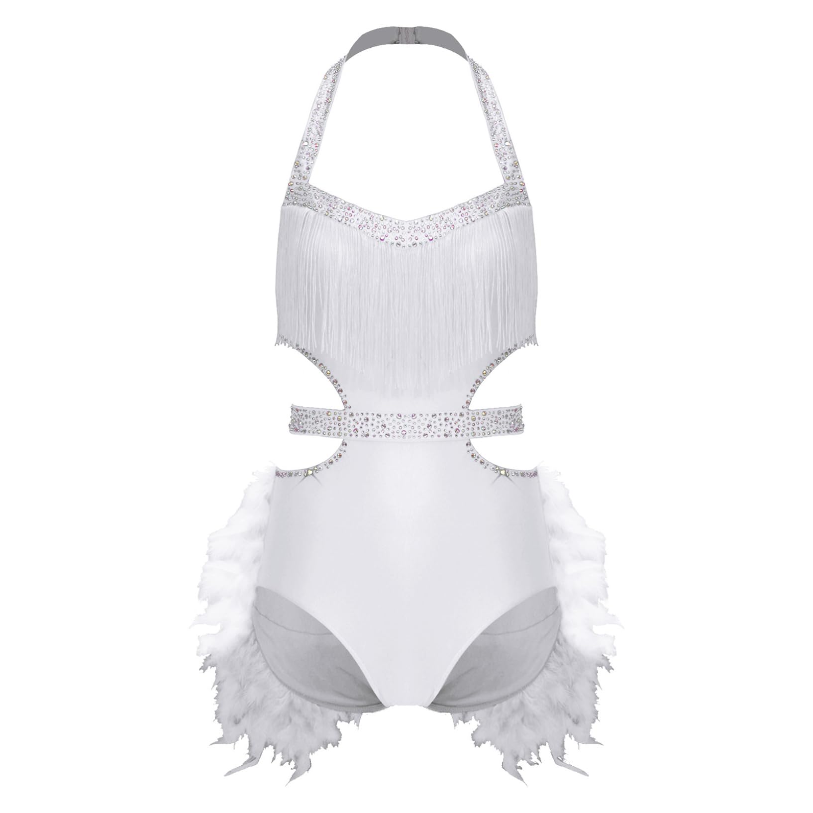Oyolan Femme Justaucorps Danse Moderne Jazz Latine Salsa Samba Rumba avec Strass Plumes Tenue Danseuse
