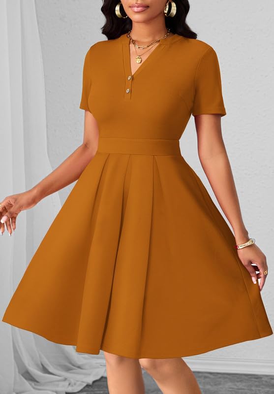 Womens Short Sleeve V Neck Elegant Semi-Formal Fit and Flare Cocktail Swing A-Line Midi Ladies Dress with Pockets Orange 3XL - Image 2