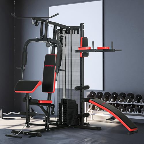 SPORTNOW Multi Gym Workout Station with 65kg Weight Stack, Sit Up Bench, Push Up Stand, Dip Station, Adjustable, Full Body Strength Training for Home Gym - Image 3