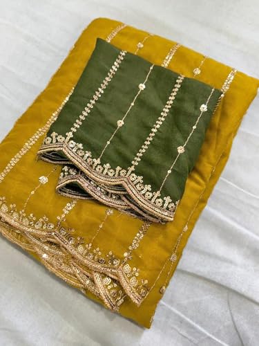 Image of SIRIL Women's Shimmer Georgette Scalloped Border Sequins Embroidery Saree with Unstitched Blouse Piece