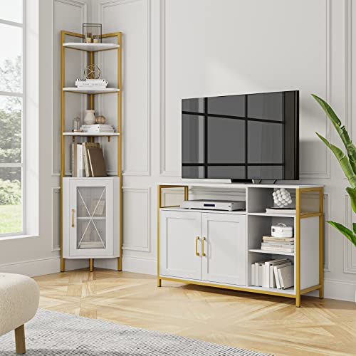 Hithos Kitchen Buffet Cabinet, Accent Sideboard Buffet With Storage, Wood Floor Storage Cabinet With Doors And Shelves, Industrial Living Room Dining Room Furniture,Gold/White #TOP4