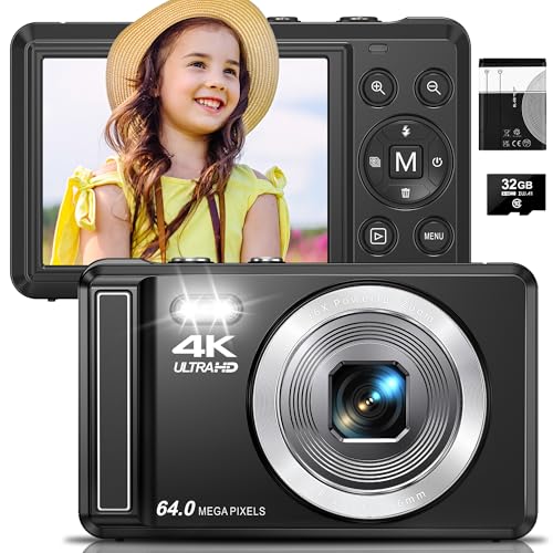 4K Digital Camera, 2.8 Inch 64MP UHD Compact Camera with 32GB Card, 1200mAh Battery, 16X Digital Zoom Mini Autofocus Vlogging Camera for Kids, Beginners, Teenagers