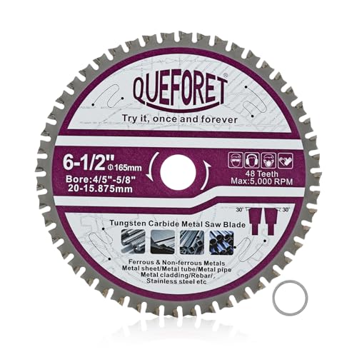 QUEFORET 165mm Hoja de Sierra Circular - Disco Corte Metal, 20mm Orificio con Arandela de 15,875mm para Hierro Acero Metal Chapa/Tubo/Barra, 48 Dientes