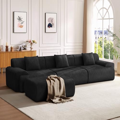 Image of Mvpipi 118" Modern L Shaped Modular Sectional Sofa, Boneless Cloud Couch with Ottoman, Oversized Corduroy Couch Deep Seat, 30D Sponge for Indoor Living Room, No Assembly Required(Black)