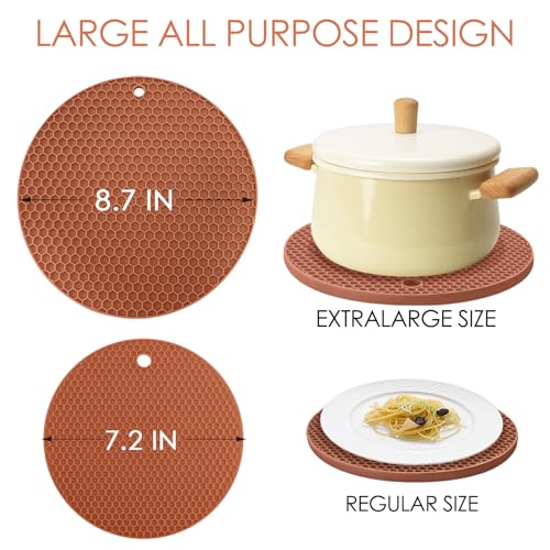 Image of Silicone Trivets for Hot Dishs, 7 Inch & 9 Inch Heat Resistant Silicone Hot Pads Pot Holders for Kitchen Counter, Flexible Round Trivet Mats, Potholders(Coffee)