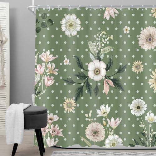 Green Polka Dot Floral Flower Plant Botanical Boho Shower Curtain Decor Set by Cinbloo - Used condition - Image 2