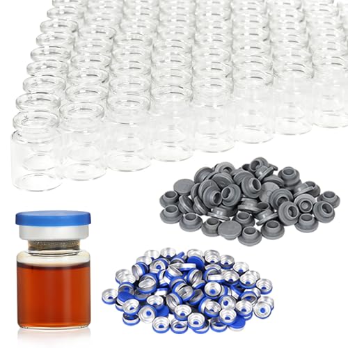 3 ml bernsteinfarbene Glasfläschchen mit Kunststoff-Aluminium-Klappkappen und Gummistopfen, 100 Stück, 20 mm flacher Boden, Laborfläschchen
