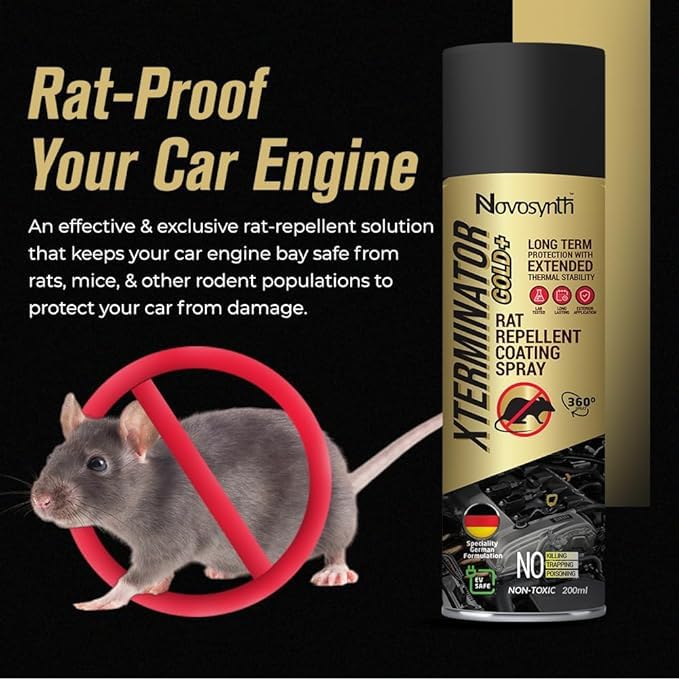 Image of Novosynth XTERMINATOR Gold+ Rat Repellent 300ml(Pack Of 10) Thermal Protection Coating Spray | Protect Engine & Wires In Car, Bike | Non Toxic | No Kill Only Repels | Upto 60 Days Protection