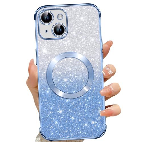 Cover Magnetica per iPhone 14 Plus Glitter Custodia Compatibile con MagSafe Anti Graffi Non Ingiallente Protezione Completa Case 14 Plus con 2 Vetro Temperato blu