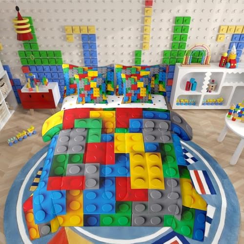 Erosebridal 3D Building Blocks 7 Piece Comforter Set Full Bed in a Bag,Colorful Construction Bedding Sets Gradient Rainbow Bricks Sheet Set with Comforter,Red Yellow Green Blue Grey Bed Set