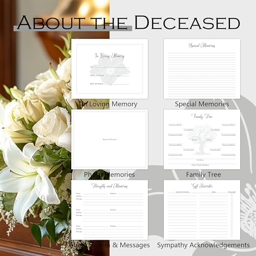 Image of In Loving Memory Funeral Guest Book with Table Sign, Pen & Box | Complete memorial set with 7.2x9.2in gold floral hardcover book, table sign, metal pen & box. Holds 300+ guests' logs.
