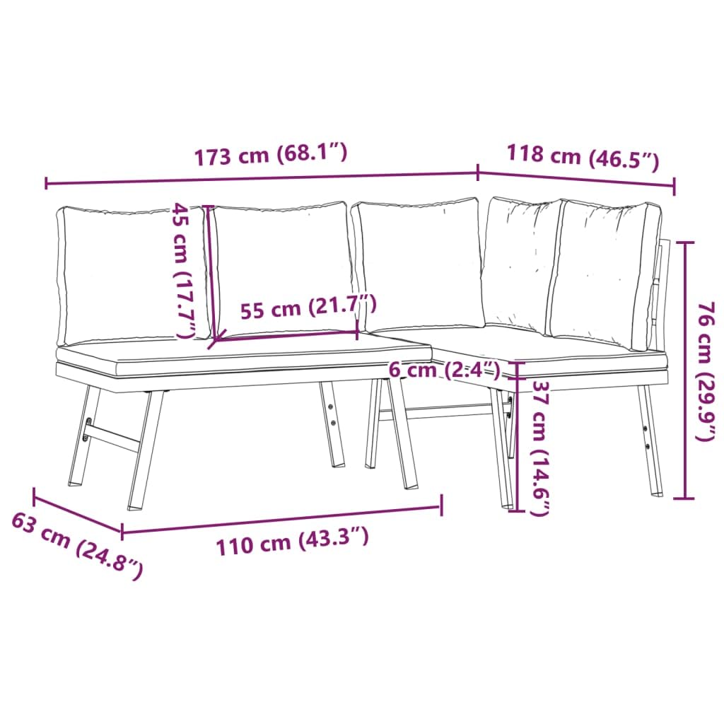 Banco de jardín con cojín, 2 piezas, acero con recubrimiento en polvo, resistente a la intemperie, 173 x 118 x 76 cm, para terraza, balcón, exterior, confort de asiento, incluye