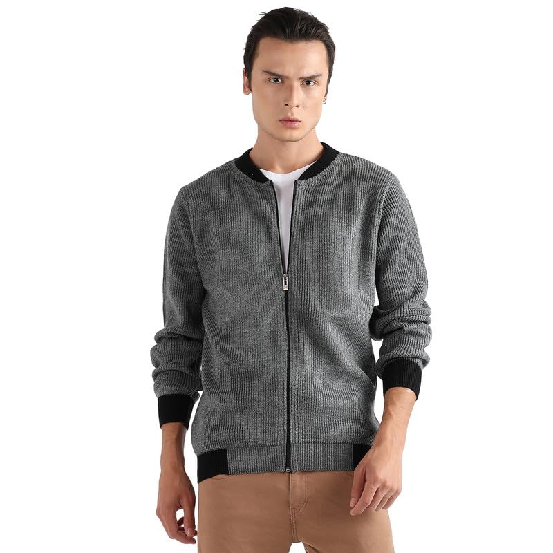 Men's Sweater with Contrast Hem for Casual Wear | Low Stand-Up Collar | Long Sleeve | Zip Closure | Acrylic Blend Sweater Crafted with Comfort Fit for Everyday Wear