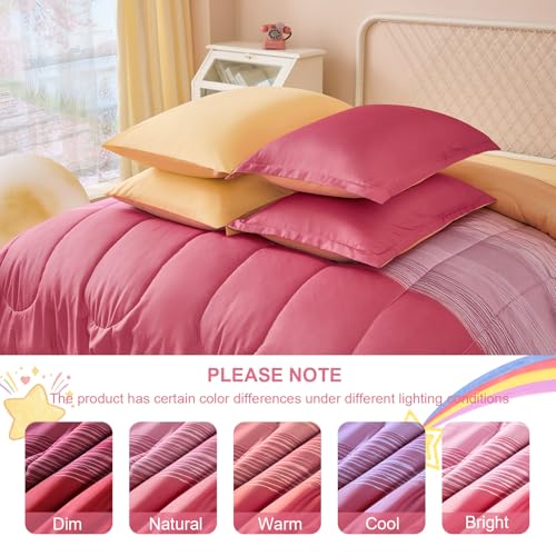 Image of Dinjoy Girls Comforter Set Twin Size 5 Pieces Bed in A Bag Colorful Ombre Pink Yellow Rainbow Bedding Set for Kids Teen (1 Comforter, 1 Flat Sheet, 1 Fitted Sheet, 1 Pillow sham, 1 Pillowcases)