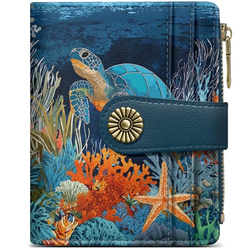 Image of Small Wallet for Women, RFID Blocking Bifold Card Holder Wallet with 10 Card Slots, Cash Compartment, Zipper Coin Pocket & ID Window, Cute Soft Vegan Leather Compact Wallet, Turtle
