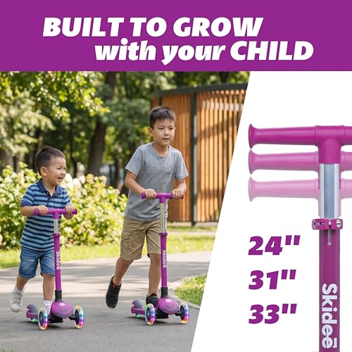 Image of SKIDEE Kick Scooter for Kids Ages 3-5 | Foldable 3 Wheel Scooter with Lean-to-Steer, Adjustable Height, Removable Seat & LED Light Wheels | Toddler Scooter Up to 12 Year Old Boys /Girls