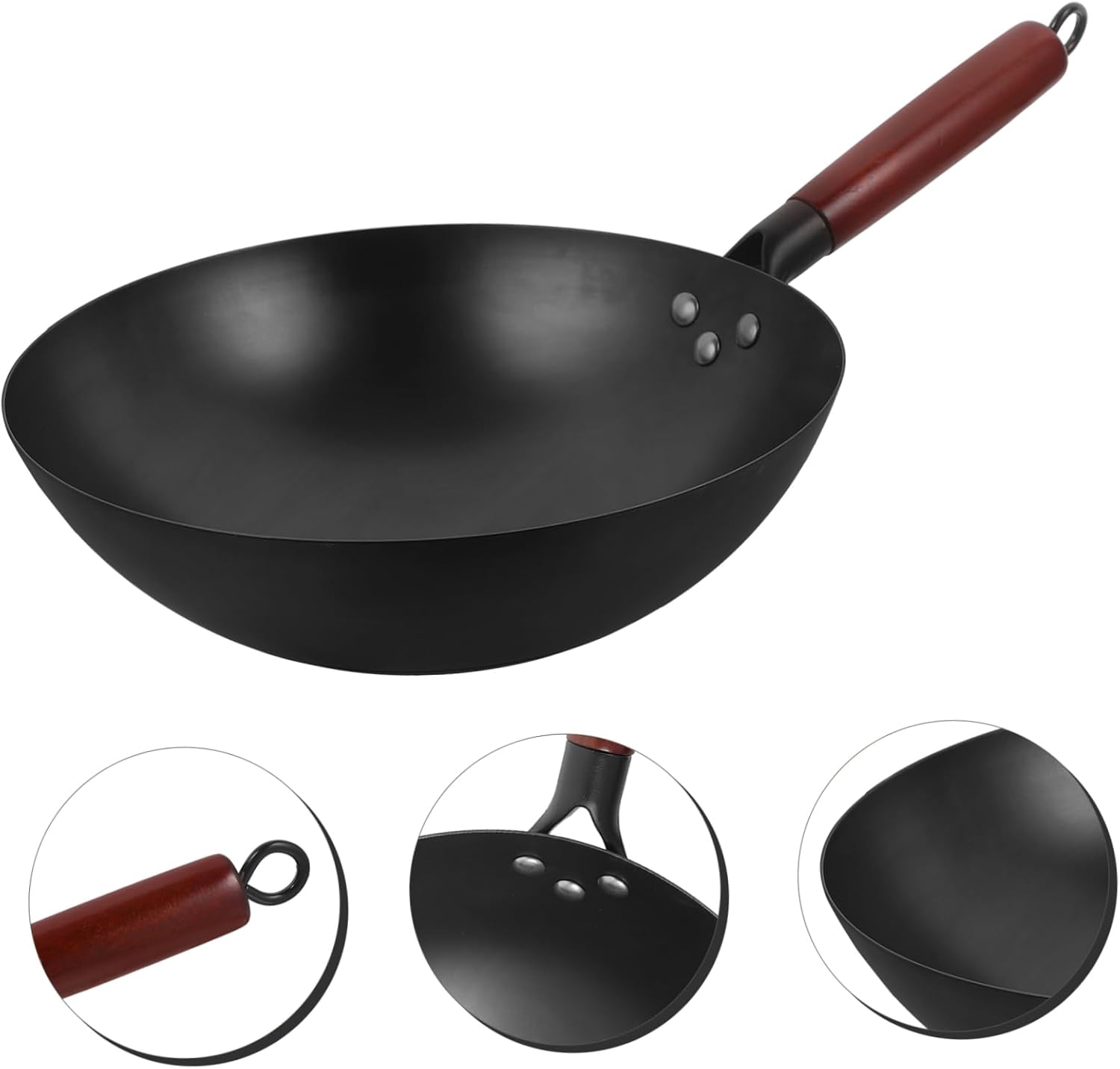 PRETYZOOM Traditional Iron Wok with Wooden Handle Bottom Cooking Pan for Gas Stove Non-stick Frying Pan Versatile Kitchenware for Frying Boiling and Steaming
