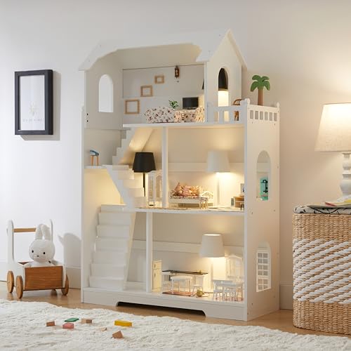Ocinone Wooden Dollhouse Bookshelf - Toddler Doll House Bookcase Extra Space Kids Toy Storage Book Shelf 3-Tier Children Dollhouse Pretend Play Toy House (Modern Flat Roof)