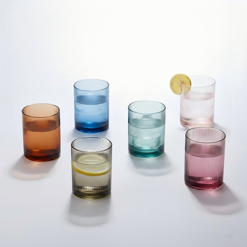 Physkoa Colored Drinking Glasses Set of 6 - Vintage Highball Glasses Colorful Colorful Tumbler Glass for Cocktail Juice
