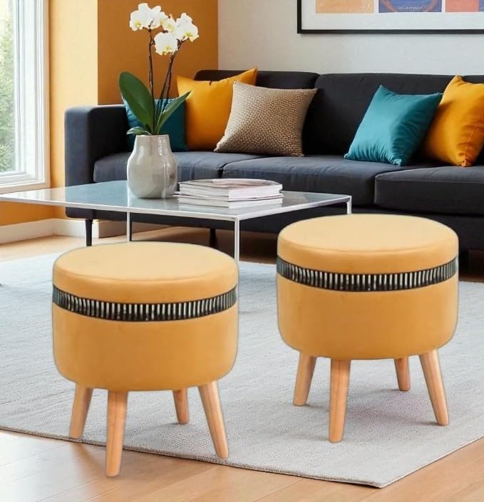 Image of Ottoman Stool for Living Room Foot Rest | Velvet Small Ottoman Foot Stool | Solid Wood Legs | Footstool Puffy for Home, Bedroom & Makeup Table | 16x16x18 Inch, Set of 2 (line Beige)