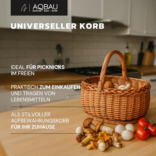 Aqbau Einkaufskorb, osterkorb groß geflochten aus Weide 47 x 35 x 33 cm – Weidenkorb mit Henkel, stabiler Tragekorb, Picknickkorb, Pilzkorb, natürlicher Wicker Basket