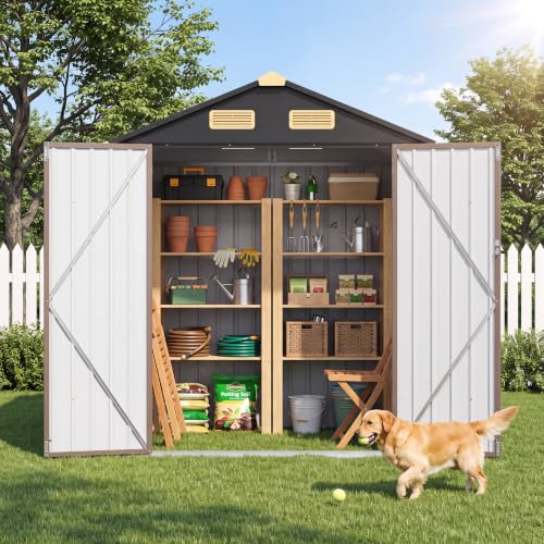 Image of IRONCK 5.7x5.7FT Outdoor Storage Shed with Vent, Outdoor Shed, Brown | Lockable Doors, Impact Corners, Galvanized Steel, Tool Shed for Poolside, Patio, Backyard