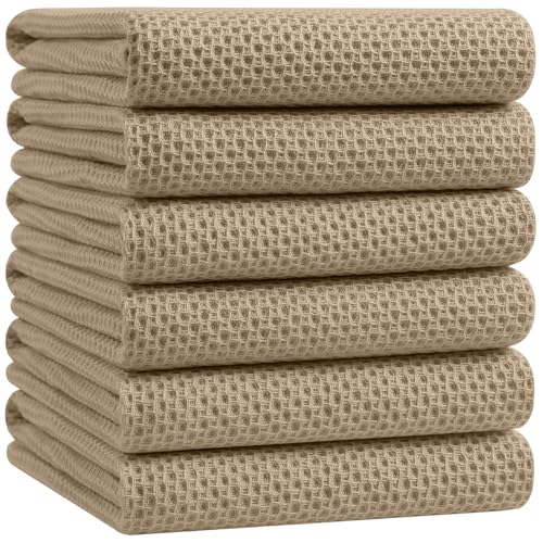 Image of Homaxy 100% Cotton Oversized Waffle Weave Kitchen Dish Towels, Ultra Soft Absorbent Quick Drying Cleaning Towel, 20 x 28 Inches, 6-Pack, Tan