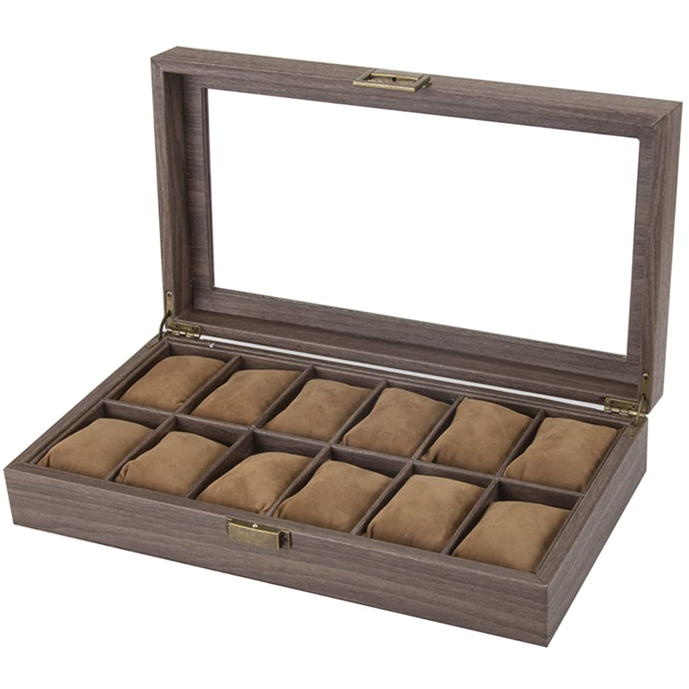 ACMHNC Uhrenkasten Herren Damen Uhrenbox mit 12 Fächer, PU Leder Uhrenkoffer Damen Herren Schmuckkasten Uhren Aufbewahrungsbox mit Transparent Glasdeckel