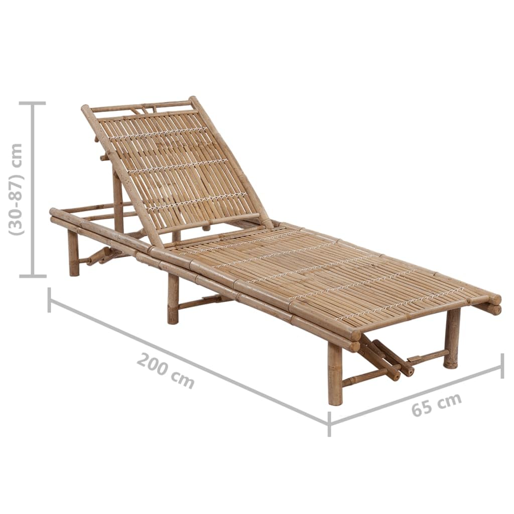 Tumbona de jardín de bambú con respaldo ajustable y cojín beige, 200 x 65 cm, ideal para terraza, balcón, piscina y relajantes baños de sol en el jardín