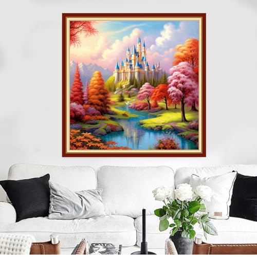 Image of Redxing Stamped Cross Stitch Kits Full Range of Embroidery Starter Kits- Needlepoint Counted Cross Stitch Kits for Beginner Adults 11CT Printed Embroidery Kit-Magic Castle 18x18 inch