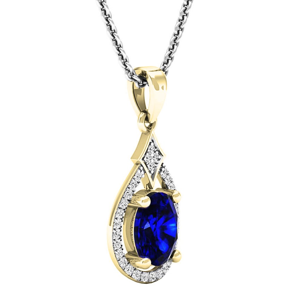 14 K oro 8 x 6 mm Oval Azul zafiro y diamante redondo señoras colgante (cadena de plata incluidas)