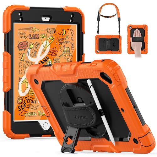 Timecity for iPad mini 5th/4th Generation Case 7.9'', for iPad mini 5/ Mini 4, Heavy Duty with Screen Protector, Kickstand Hand/Shoulder Strap Pencil Holder- Orange