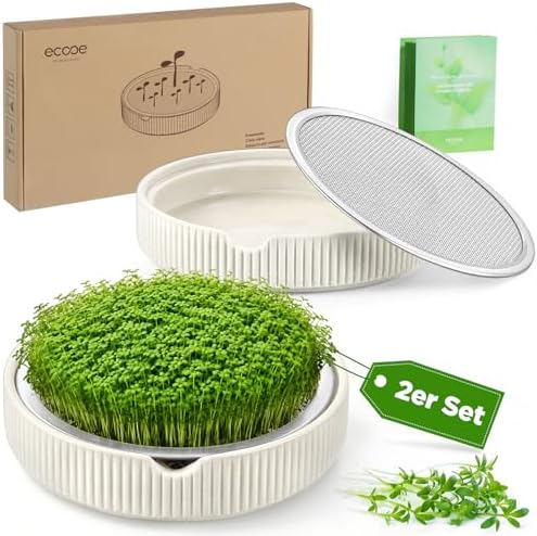 ecooe φ 15 cm Kresse Anzuchtschalen 2er Set – Kressesieb mit Edelstahlsieb, Keimschale mit Pflanzanleitung, Microgreens Anzuchtschalen, keimglas für Sprossen, Weiß Premium Keramik