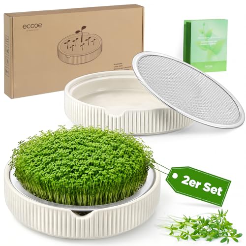 ecooe Kresse Anzuchtschalen 2er Set Ø 15 cm Kressesieb mit Edelstahlsieb Keimschale mit Pflanzanleitung Microgreens Anzuchtschalen keimglas für Sprossen Weiß Premium Keramik sprossenglas