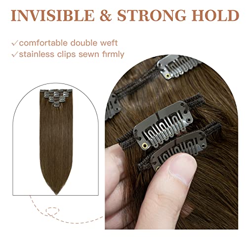 Image of S-noilite Human Hair Clip in Extensions Double Weft Natural Remy Hair Extensions 18 Inch Medium Brown Straight Seamless Human Hair Extensions Full Head for Women 7PCS 120g-#04