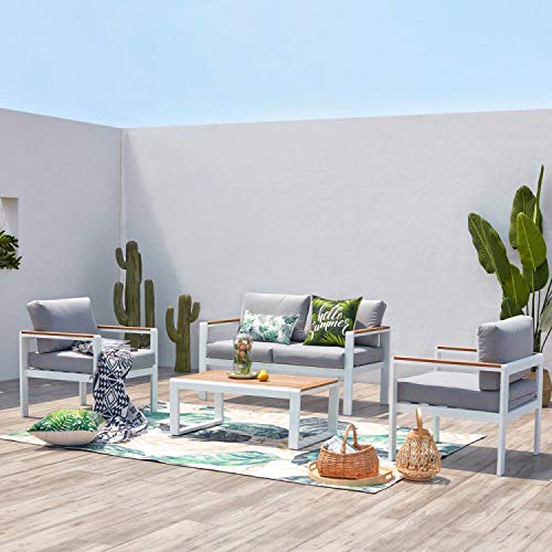CONCEPT USINE | Salon de Jardin Bas en Aluminium 4 Personnes | Design MARINGO Blanc | Bi-Matière Bois et Alu très Tendance | 1 Table, 1 Canapé et 2 Fauteuils |...