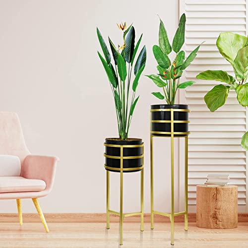 Image of Metal Floor Flower Stand for Living Room /Indoor Plant Stand with Planter Pot (Set of 2) (Black)