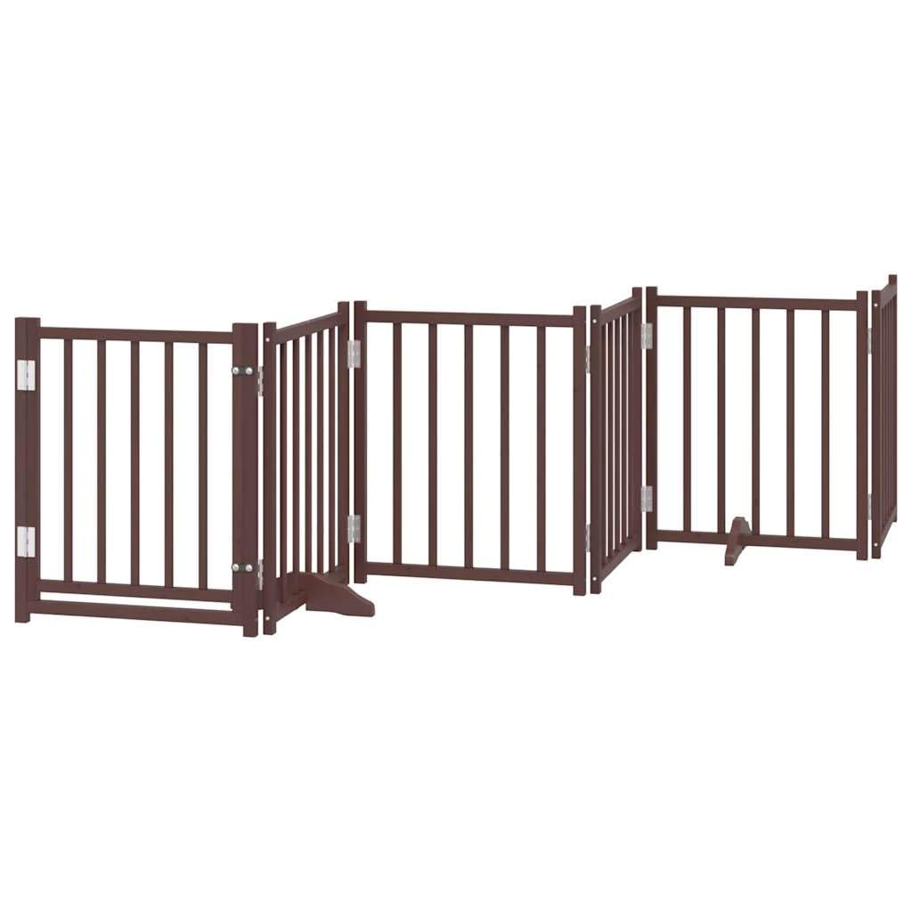 vidaXL Hundetor 6-TLG., Hundegitter Faltbar mit Tür Stützbeine, Schutzgitter für Wohnzimmer Küche Treppe, Haustiertor Türschutzgitter, Braun Eiche Massivholz Tanne