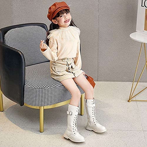 TangDao Girl's Fashion Waterproof Leather Buckle Lace-Up Side Zipper Knee High Mid Calf Combat Riding Boots Girls Autumn Winter Boots(1.5 M US Big Kid,Beige)3