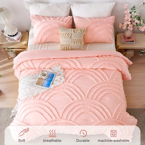 Image of ENJOHOS Pink Queen Size Comforter Bedding Set for College Teen Girls - 3 Pc Tufted Bed Set with Rainbow Design, Lightweight Fluffy Microfiber Comforter with 2 Pillowcase
