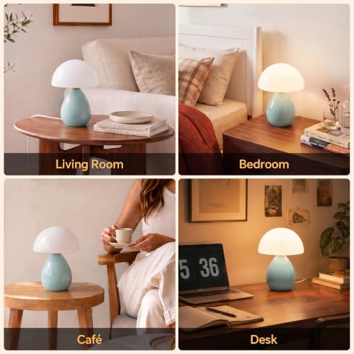 Image of Dawnwake Mushroom Lamp Table Lamp for Bedroom-Small Desk Table Lamps,Blue | Ice Crackle 10.08 inch Mid Century Modern Table Lamps for Living Room Bedroom Decor,Ceramic Lamps for Home Room Decor,Glass Shade