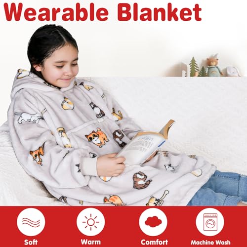 Image of Waitu Wearable Blanket for Kids, Wearable Blanket Hoodie Gifts for Teens Girls and Boys, Warm Blanket Sweatshirt for Teenage, Thick Flannel Hoodie Blanket with Sleeves - Cat Gray