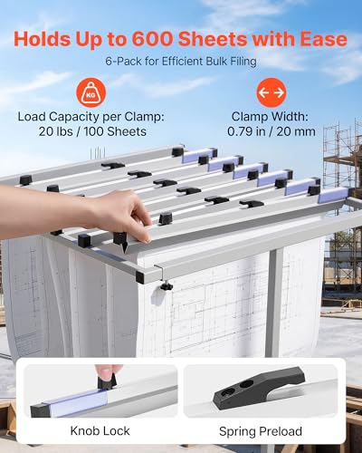 Image of VEVOR Blueprint Clamps, 24 Inches, Blueprint Hanging Clips Binding Strips, Aluminum Construction, Document Storage, for Blue Print, Maps, Construction Paper Posters Plans Drawings Arts, Pack of 6