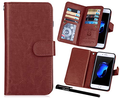 Urvoix Étui Portefeuille à Rabat en Cuir avec Porte-Cartes pour iPhone 7 Plus/8 Plus (14 cm) Marron