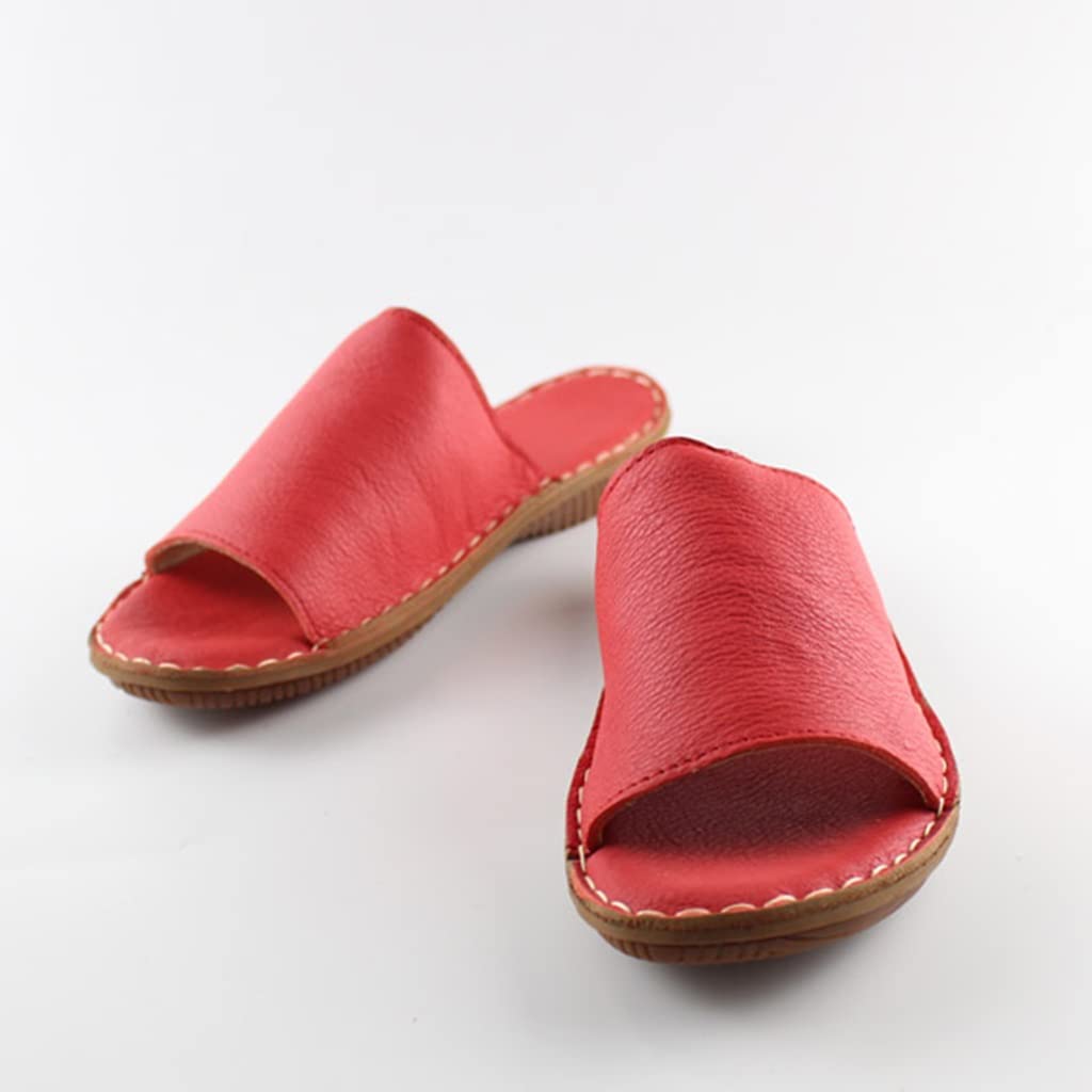 Zapatillas de Interior para Mujer Suela Blanda, Zapatillas con Punta Abierta, Sandalias y Zapatillas de Verano de una Palabra de Piel de Vaca Completa, Zapatillas de Cuero Hechas a Mano con Parte