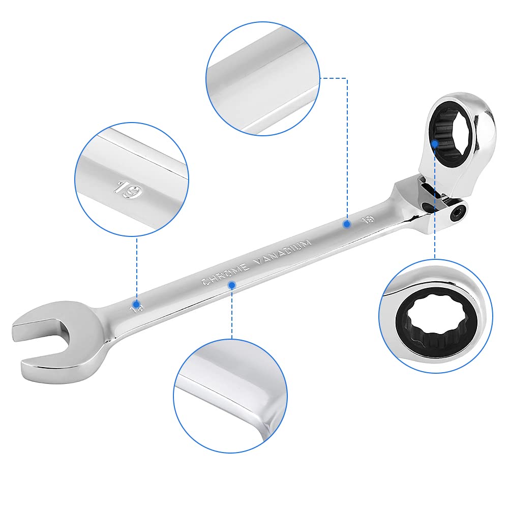 12 piezas Juego de llaves combinadas, 8-19mm Juego de Llaves de Trinquete Llave de boca abierta Llave Fija Carraca Combinadas para reparación de automóviles, mantenimiento industrial