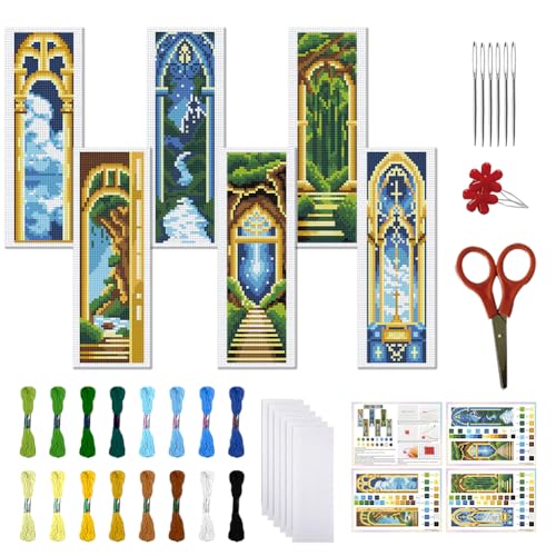 Image of FREEBLOSS 6 Set Cross Stitch Bookmark Kits for Beginner Castle Night View Stamped Cross Stitch Kit DIY Embroidery Bookmark Kit with Instructions 8 inch x 2.4 inch
