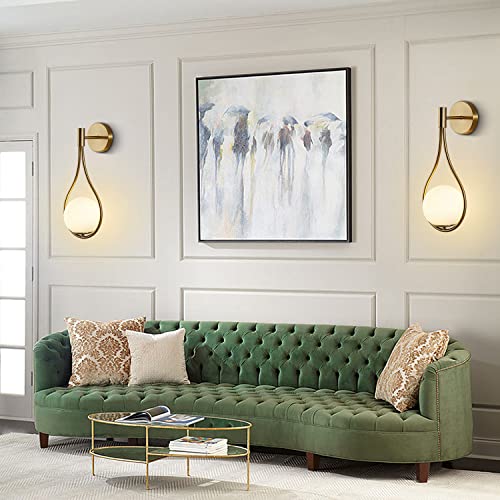 Image of KCO Lighting Modern Brushed Gold Teardrop Wall Sconces Set of 2 Hardwired | E26 Bulb Included, 5.9 inch White Milk Glass Wall Light Fixture Mid Century Wall Lamp for Bedroom Bedside Bathroom Hallway