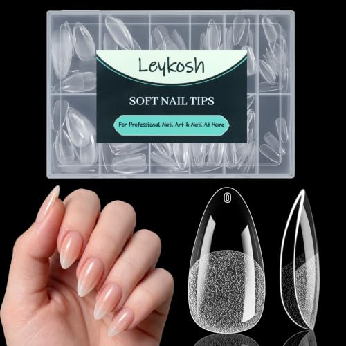 LEYKOSH Medium Almond Nail Tips, 216 Pcs Clear Gel Fake Nails, 12 Sizes