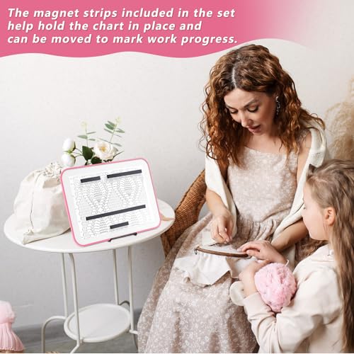 Image of Flutesan 8 x 12 Inches Knitting Pattern Holder with 4 Replacement Magnets Knitting Chart Keeper Cross Stitch Magnetic Board Cross Stitch Accessories and Supplies for Crochet(Pink Border)